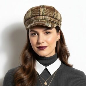 Brown Plaid Tweed Newsboy Cap Baker Boy Hat Womens OS Retro Dark Academia